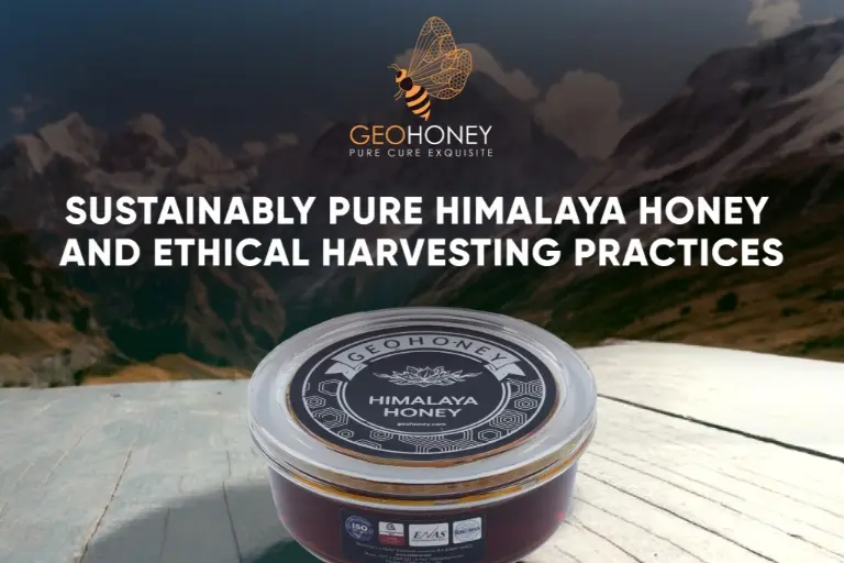 A jar of pure Himalaya honey with a wooden dipper on top, surrounded by flowers and bees. In the background, there is a view of the Himalayan mountains covered in snow.